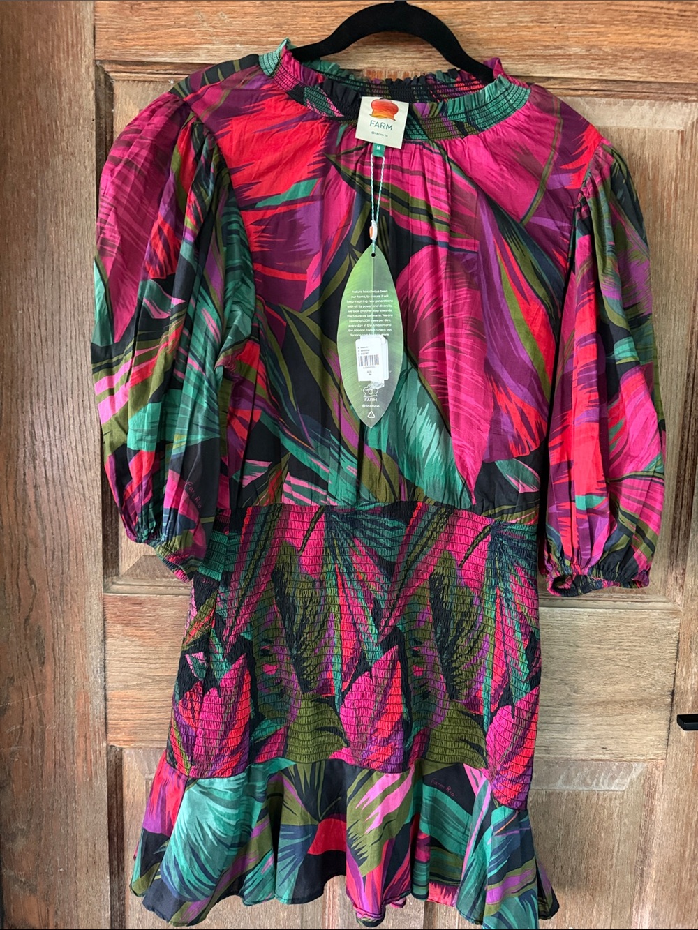 FARM Rio Tropical Leaf-Print Puff-Sleeve Dress in Pink, Teal and Green